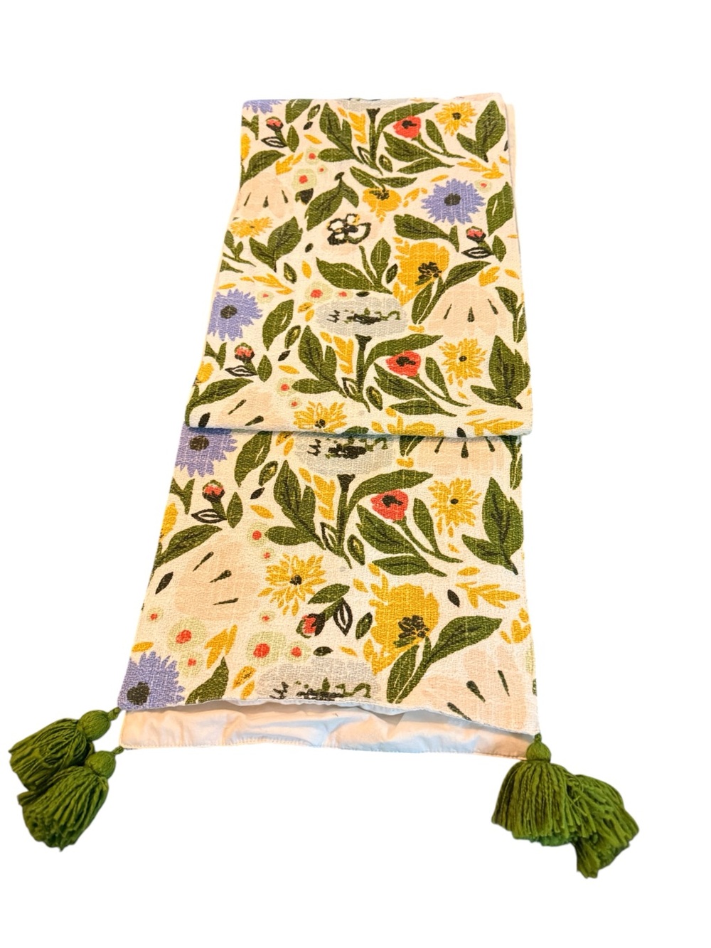 Floral Print Table Runner with Green Tassels - Cream